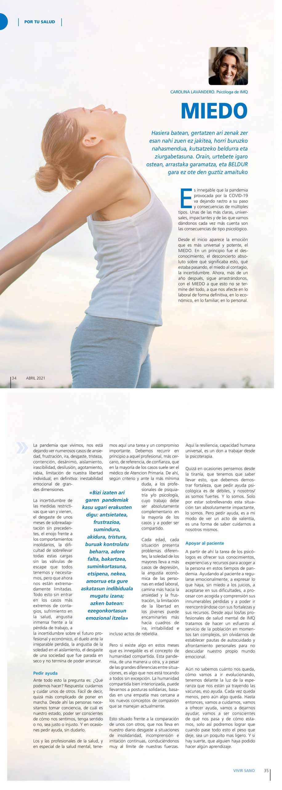 Artículo publicado en la Revista IMQ, «Vivir Sano»: Miedo.